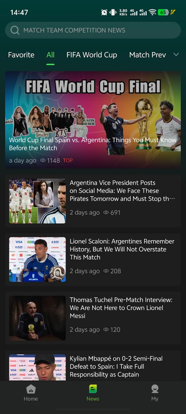 Camel app showing a sports news feed