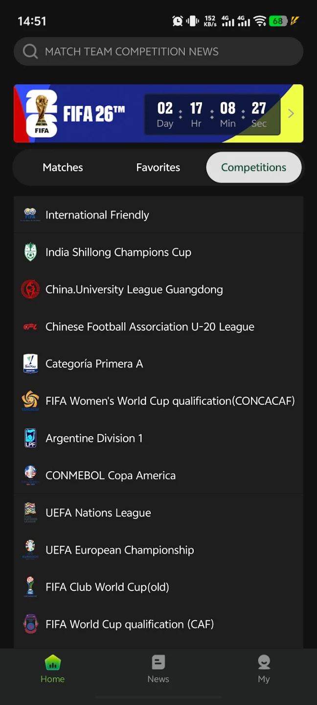 Competition list in the Camel app
